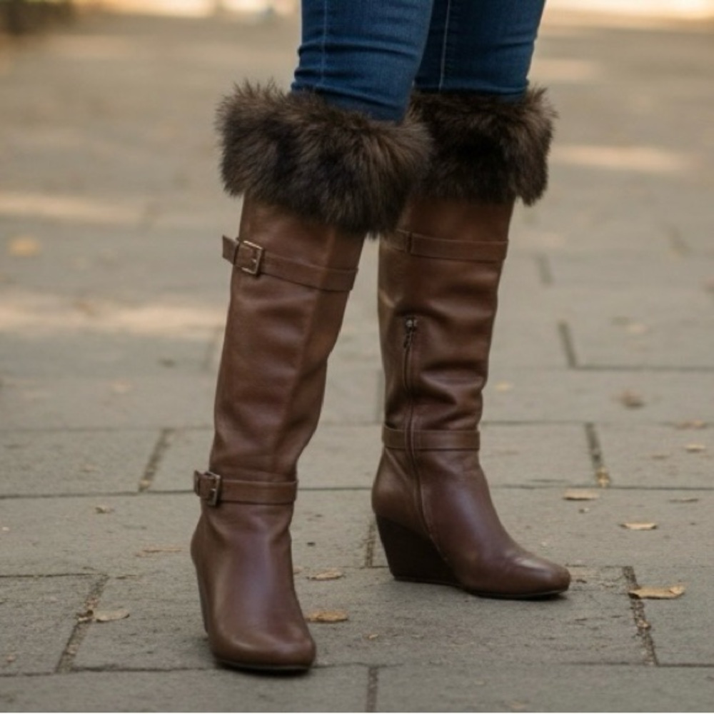 MICHAEL Michael Kors Brown Heeled Boots with Fur Trim